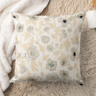 Floral Poppies Yellow Grey Blue Watercolor Pattern Cushion
