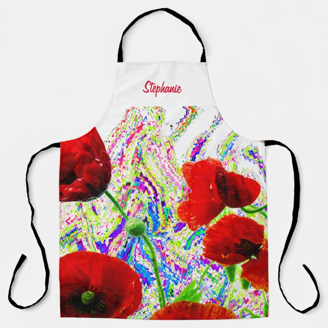 Floral Poppy Flowers Colourful Artsy Custom Name Apron (Front)