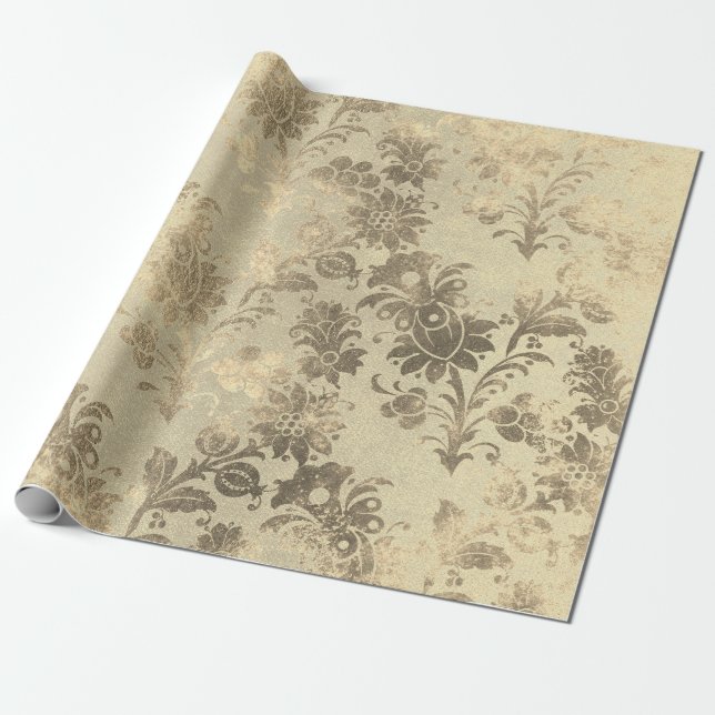 Floral Powder Grungy Damask Sepia Champagne Gold Wrapping Paper (Unrolled)