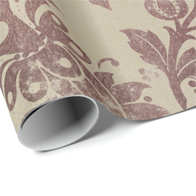 Floral Powder Grungy Damask Sepia Ivory Rose Gold Wrapping Paper (Roll Corner)