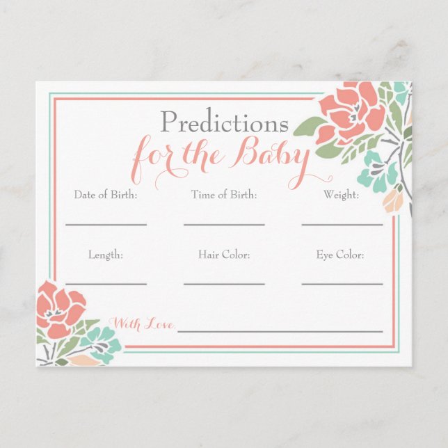 Floral Predictions for Baby Shower, Coral Teal Invitation Postcard (Front)