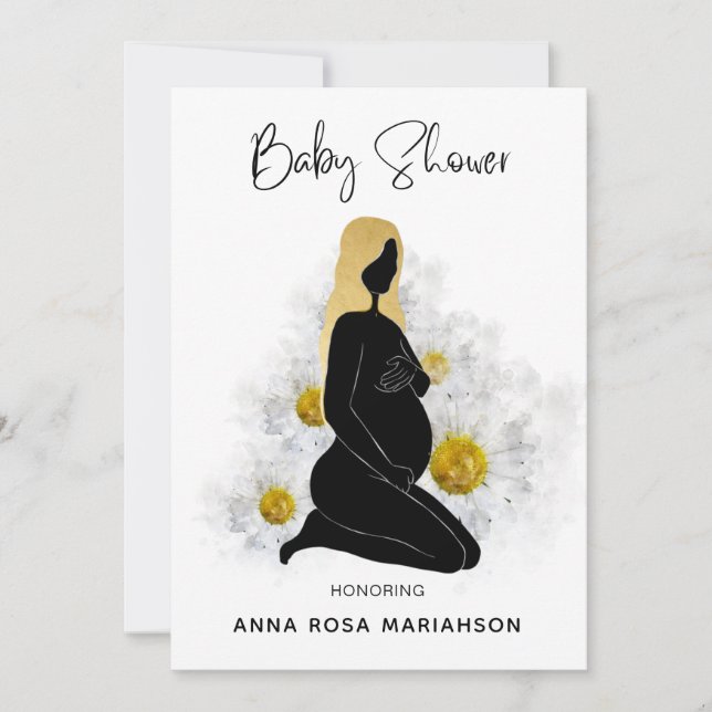 *~* Floral Pregnant Woman Black Gold Baby Shower  Invitation (Front)