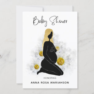 *~* Floral Pregnant Woman Black Gold Baby Shower  Invitation