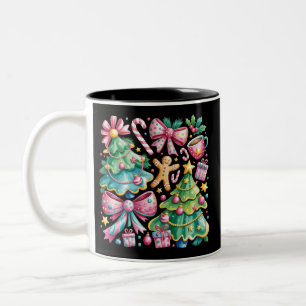 Floral Preppy Xmas Tree Bow Coquette Pink Blue Two-Tone Coffee Mug