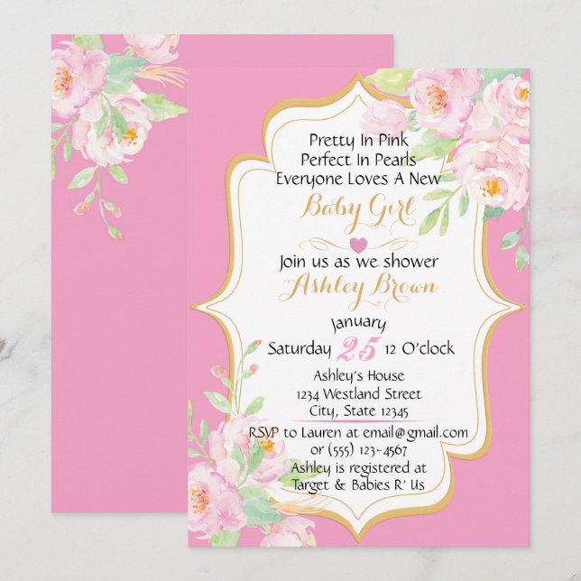 Floral Pretty In Pink Baby Shower Invitation (Front/Back)