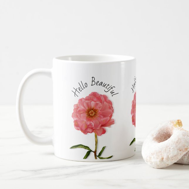 Floral Pretty Pink Peony Flower Coffee Mug (With Donut)