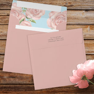Floral Pretty Pink Watercolor Roses Blue Square Envelope