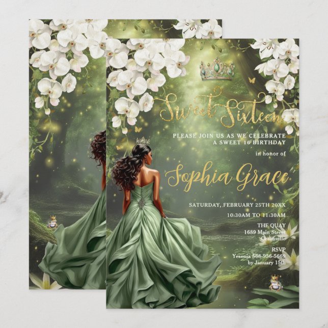 Floral Princess and Frog Sage Green Dress Sweet 16 Invitation (Front/Back)
