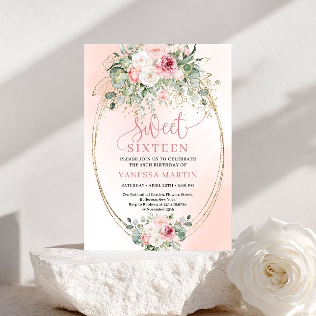 Floral Princess Blush Gold Sweet 16 Party Invites (Floral Princess Blush Gold Sweet 16 Party Invitation)