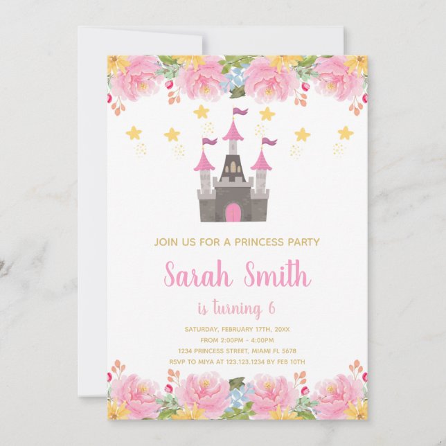 Floral Princess Castle Birthday Invitation (Front)