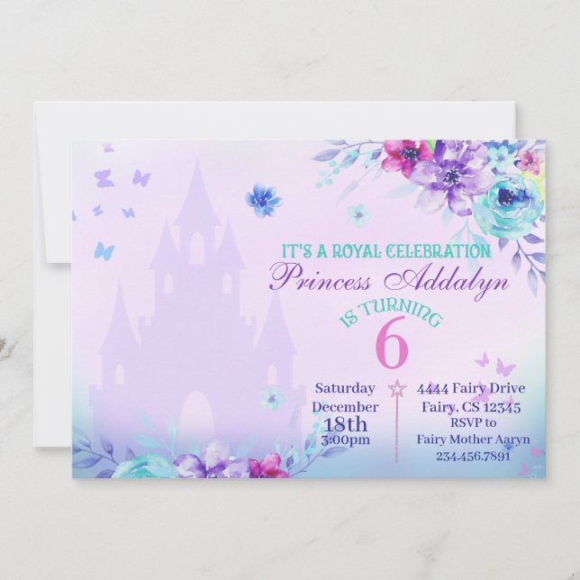 Floral Princess Castle Watercolor 6th Birthday  Invitation (Front)