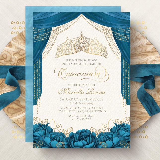Floral Princess Crown Teal Quinceanera Invitation (Creator Uploaded)