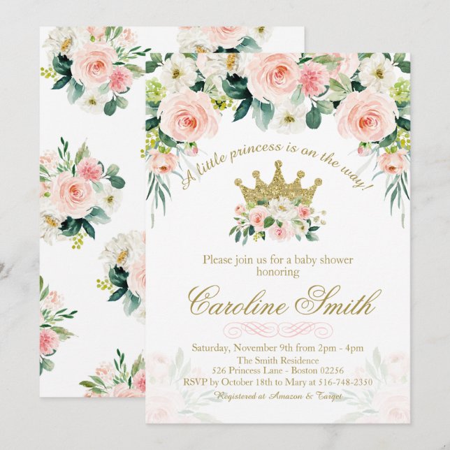 Floral Princess Gold Crown Baby Shower Invitation (Front/Back)