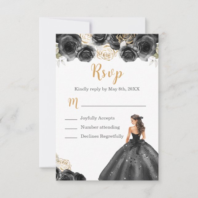 Floral Princess in a Black Dress RSVP Card (Front)