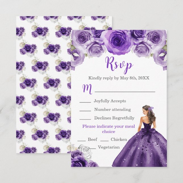Floral Princess in a Dark Purple Dress Meal Choice RSVP Card (Front/Back)