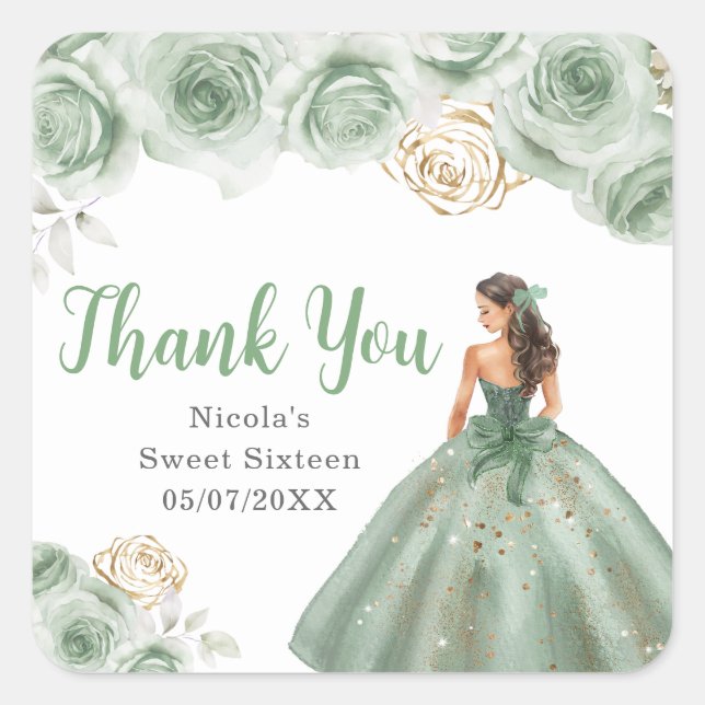 Floral Princess in a Green Dress Sweet Sixteen Square Sticker (Front)