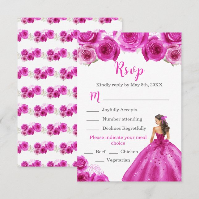 Floral Princess in a Hot Pink Dress Meal Choice RSVP Card (Front/Back)