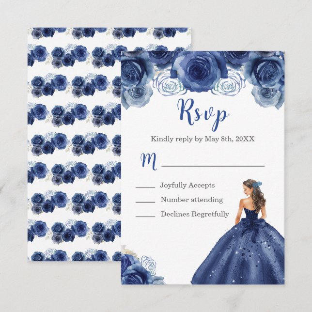 Floral Princess in a Navy Blue Dress Meal Choice RSVP Card (Front/Back)