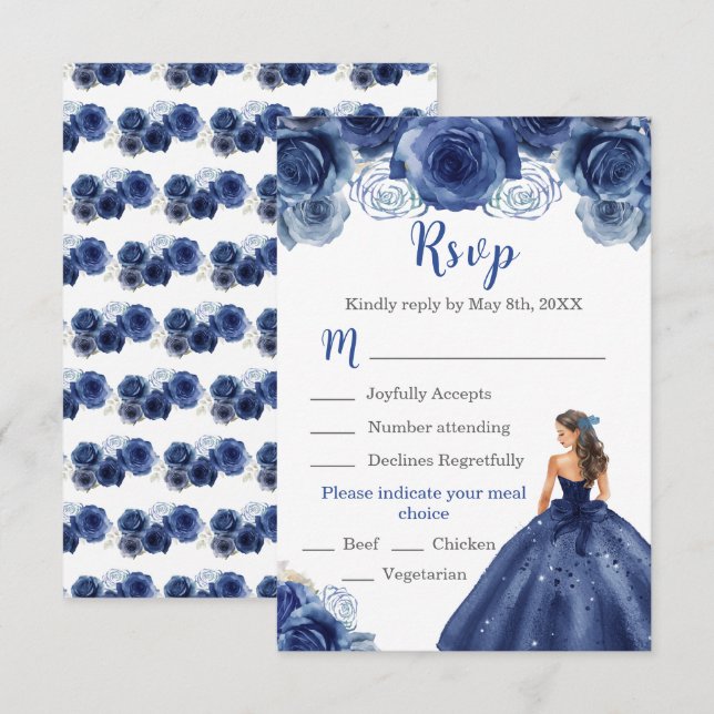 Floral Princess in a Navy Blue Dress Meal Choice RSVP Card (Front/Back)