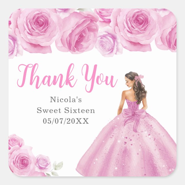 Floral Princess in a Pink Dress Sweet Sixteen  Square Sticker (Front)
