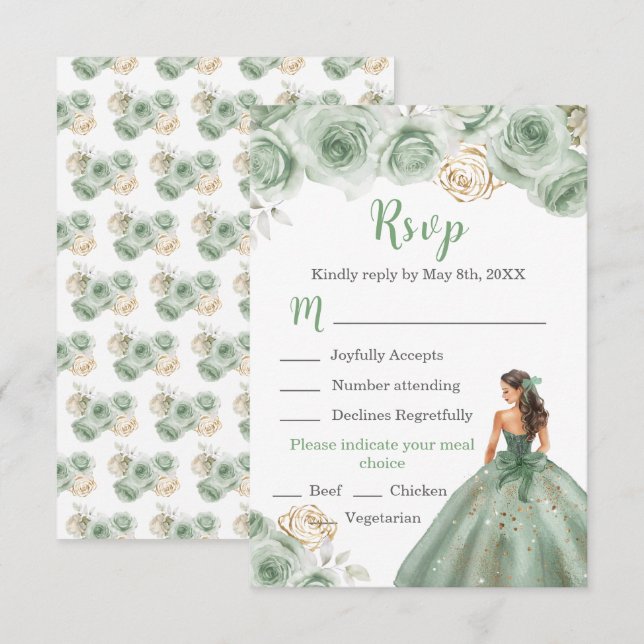 Floral Princess in a Sage Green Dress Meal Choice RSVP Card (Front/Back)