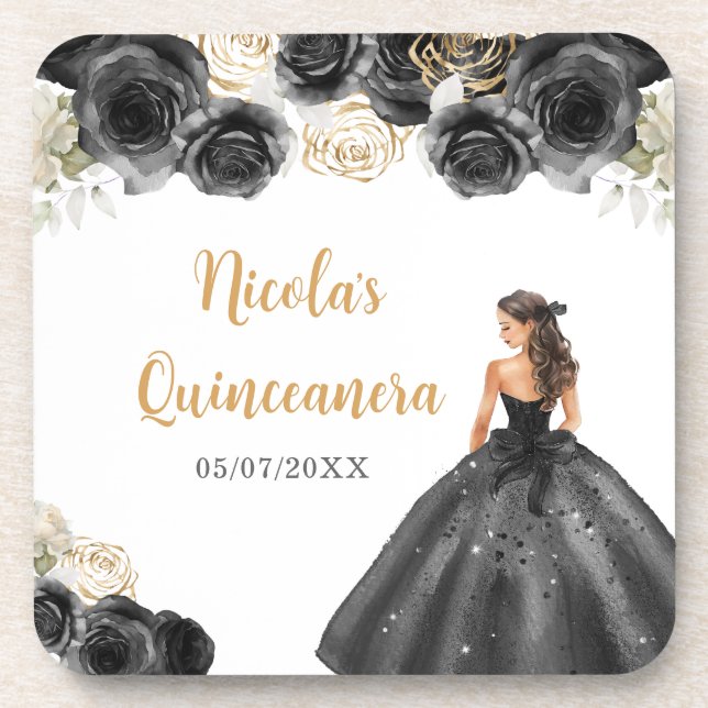 Floral Princess in Black Dress Quinceanera Coaster (Front)