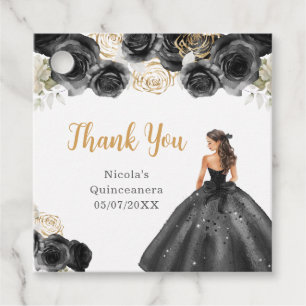 Floral Princess in Black Dress Quinceanera Favour Tags