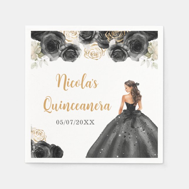 Floral Princess in Black Dress Quinceanera Napkin (Front)