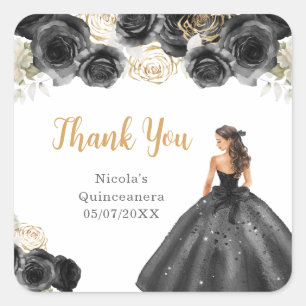 Floral Princess in Black Dress Quinceanera Square Sticker