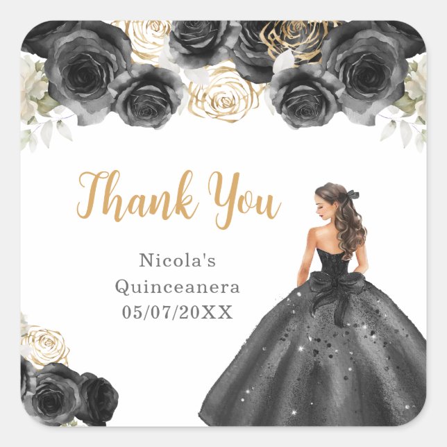 Floral Princess in Black Dress Quinceanera Square Sticker (Front)