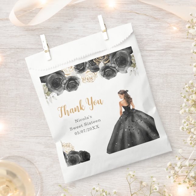 Floral Princess in Black Dress Sweet Sixteen Favour Bags (Clipped)