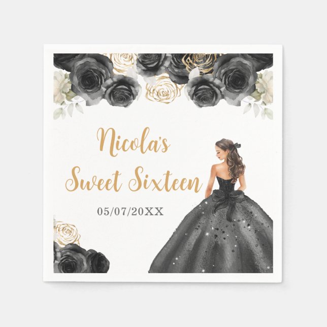 Floral Princess in Black Dress Sweet Sixteen Napkin (Front)
