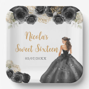 Floral Princess in Black Dress Sweet Sixteen Paper Plate