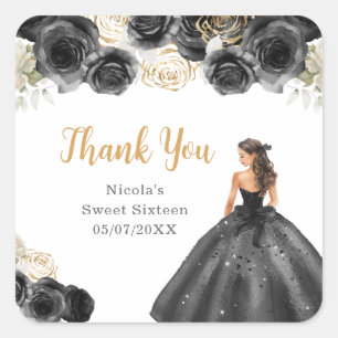Floral Princess in Black Dress Sweet Sixteen Square Sticker