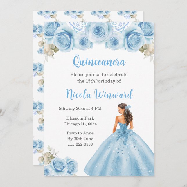 Floral Princess in Blue Dress Quinceanera Invitation (Front/Back)