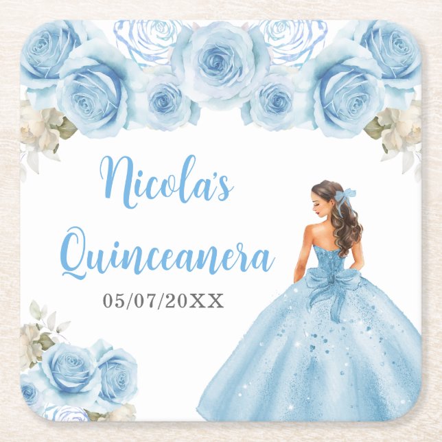 Floral Princess in Blue Dress Quinceanera Square Paper Coaster (Front)