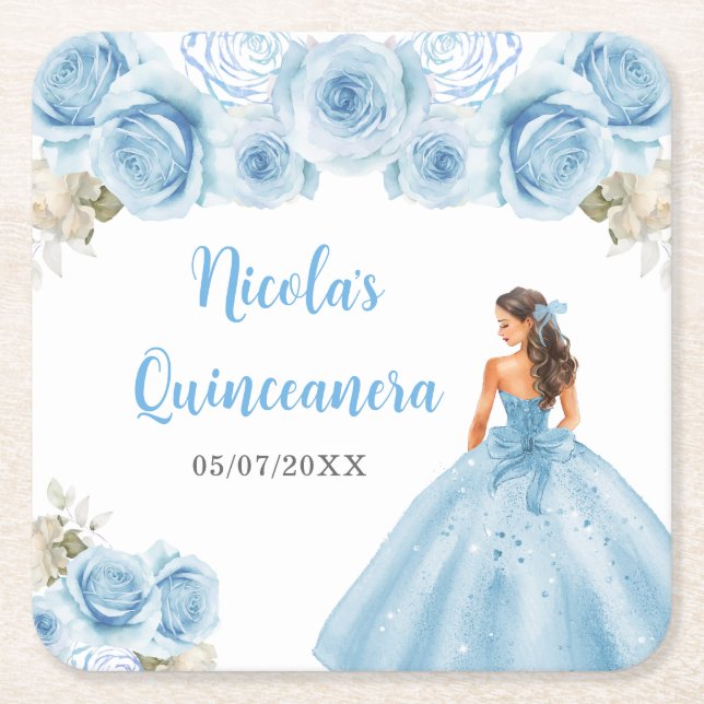 Floral Princess in Blue Dress Quinceanera Square Paper Coaster (Front)