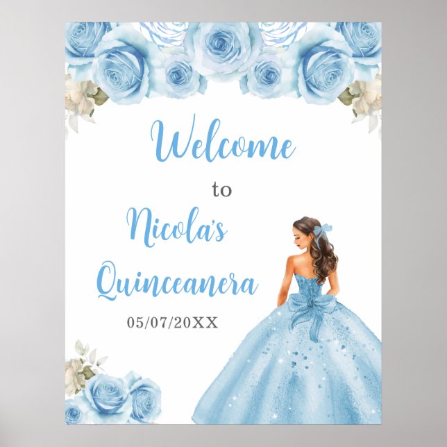 Floral Princess in Blue Dress Quinceanera Welcome Poster (Front)