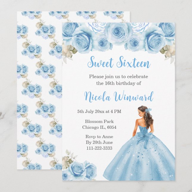 Floral Princess in Blue Dress Sweet Sixteen Invitation (Front/Back)