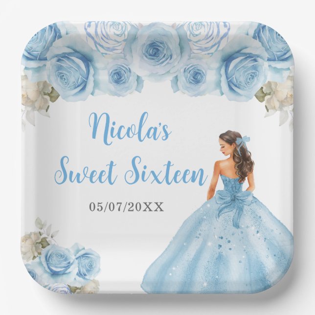 Floral Princess in Blue Dress Sweet Sixteen Paper Plate (Front)