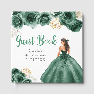 Floral Princess in Dark Green Dress Quinceanera Guest Book