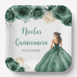 Floral Princess in Dark Green Dress Quinceanera Paper Plate