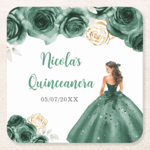 Floral Princess in Dark Green Dress Quinceanera Square Paper Coaster