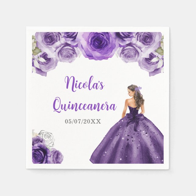 Floral Princess in Dark Purple Dress Quinceanera  Napkin (Front)