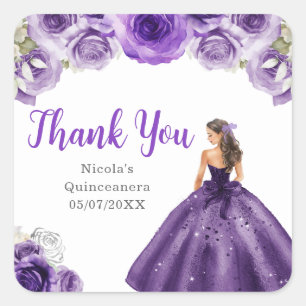 Floral Princess in Dark Purple Dress Quinceanera Square Sticker