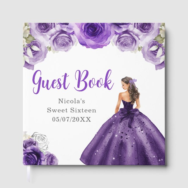 Floral Princess in Dark Purple Dress Sweet Sixteen Guest Book (Front)