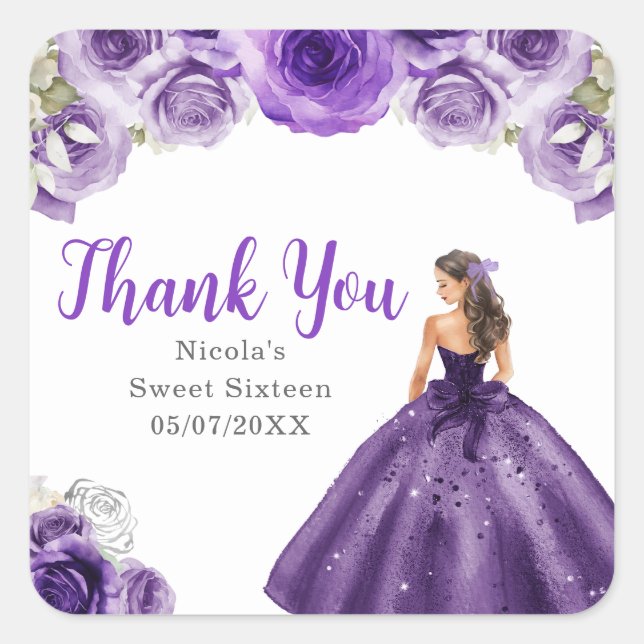 Floral Princess in Dark Purple Dress Sweet Sixteen Square Sticker (Front)
