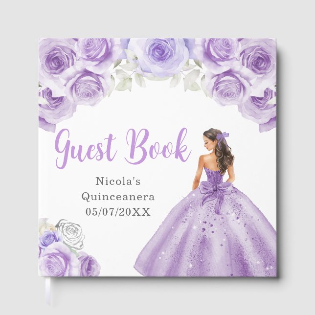 Floral Princess in Dusty Purple Dress Quinceanera Guest Book (Front)