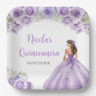 Floral Princess in Dusty Purple Dress Quinceanera Paper Plate