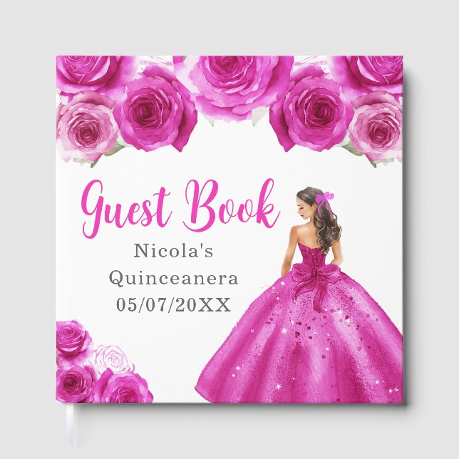 Floral Princess in Hot Pink Dress Quinceanera Guest Book (Front)